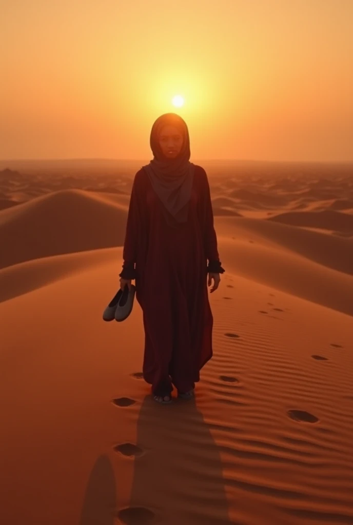 A Muslim woman walks alone in a vast desert at sunset, holding her slippers in one hand. Her long, flowing abaya and hijab are gently swayed by the warm evening breeze. The golden-orange hues of the setting sun cast a soft glow over the rippling sand dunes...