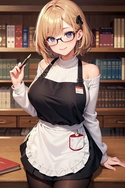 (( top quality)), (( Masterpiece)), (  Details),  1 girl,  off-shoulder sweater,  short skirt, black tights,Put on a smile , apron, Libraries ,Shadows on bookshelves , big breasts,Glasses