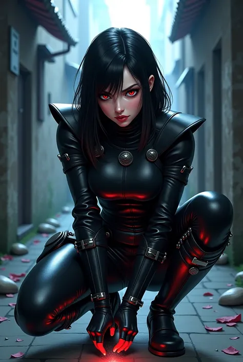 "4K anime style quality, digital drawing mode, a clever female rogue with shoulder-length black hair, mischievous red eyes, and dark leather armor adorned with silver buckles, crouching in the shadows of a dimly lit alleyway, her sly and cunning expression...