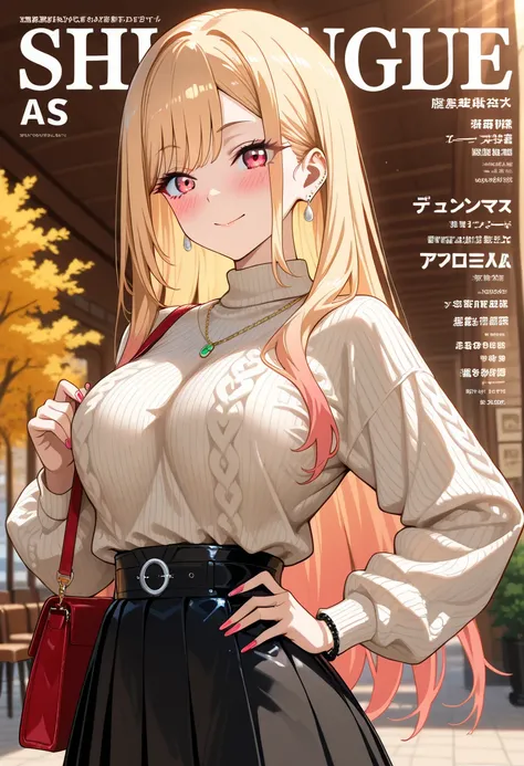 Marin Kitagawa, casually rising from her seat at a café, adjusting her purse strap as she glances down at her bag, long sleek blonde hair softly framing her face, light pink ombre hair, red eyes, earrings, stylish silver earrings, oversized deep V ribbed k...