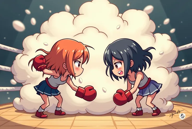 An anime-style illustration depicting many boxer-girls playfully wrestling with each other inside a arena comical fight cloud.
each boxer-girl has different colored hair.
their faces,hands,and feet are visible emerging from the cloud as they tussle humorou...