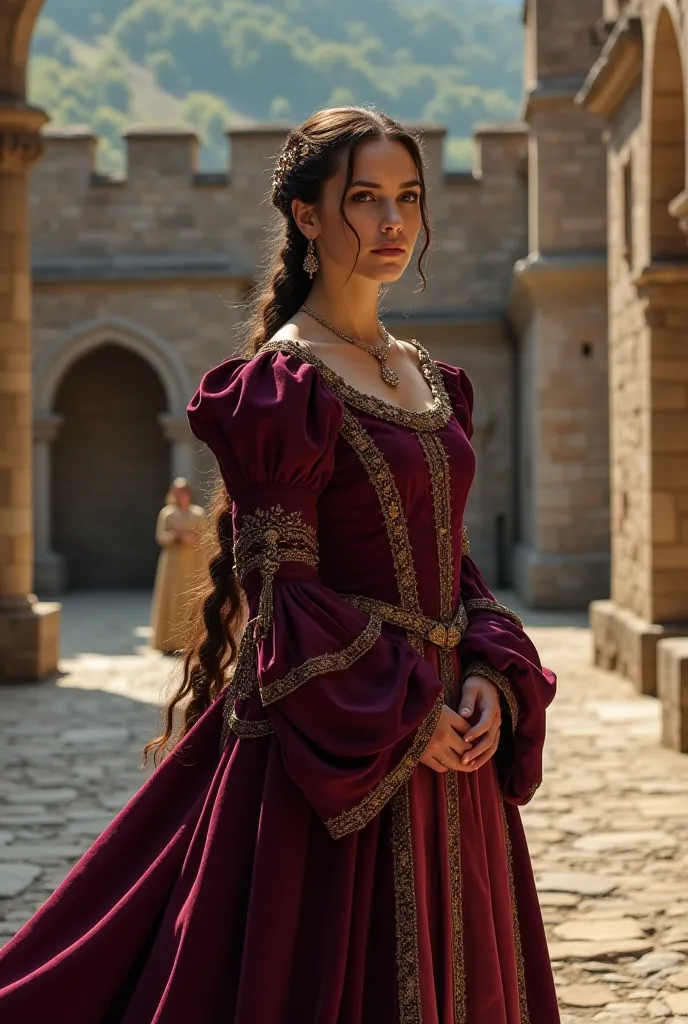 A 44-year-old woman standing tall at 6.2 feet (189 cm) and weighing 174 pounds (79 kg), with an athletic and well-defined physique. She is dressed in elegant 15th-century attire, featuring a long, flowing gown in rich burgundy and dark purple hues, with in...