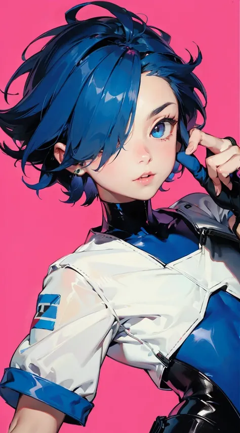 rico_megamanxdive, blue eyes, blue hair, bodysuit, android, short hair, Nusky, blue hair, pink eyes, hair over one eye, fingerless gloves