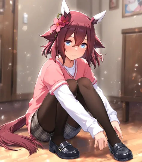  Masterpiece,  top quality,   is ridiculous,Ultra-precise hair,flOating hair,
Sakura Chiyono O  \(Uma Musume\),  1 girl, hOrse ears, hOrse tail, full bOdy,  casual, hair flOwer, black pantyhOse, lOOking at viewer, shOrt sleeves pink sweater, black lOafers,...