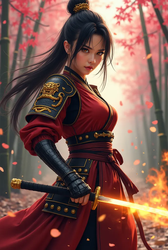 "4K anime style quality, digital drawing mode, a bold female warrior with dark flowing hair tied back, intense amber eyes, and traditional Japanese armor with golden lion motifs, standing fearlessly in a bamboo forest as cherry blossoms drift through the a...