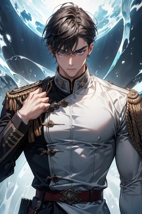 1Man, (​masterpiece、 top quality、 absurd)、28-year-old male、 short dark ash hair （random hair flow 、 with bangs that catch my eye ）
sharp ice blue eyes、A cold atmosphere、
 with deep carving 、 sharp eyebrows are characteristic
Strong physique that has been t...