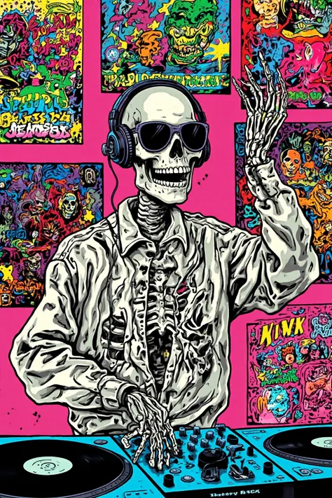 A Skeleton joyfull DJ spinning a turn table with one hand and the other in the air , surrounded by '90s era posters and urban street art, wearing sunglasses headphones, and oversize shirt, hands on turntable controller. In the style of comic book art, bold...