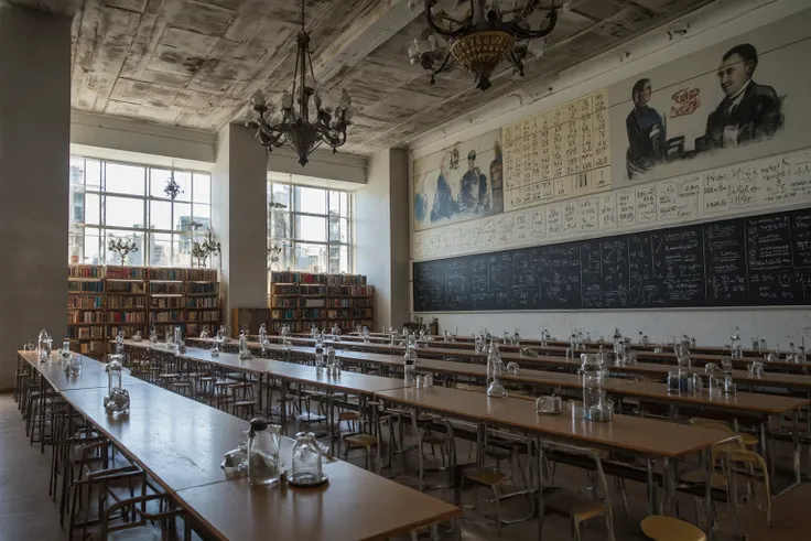 Grand chemistry auditorium with a historical Soviet-era design, reflecting the legacy of Soviet and Kazakh chemists. The room features rows of wooden and metal lab tables, each seating two students, with classic Soviet scientific instruments and glass beak...