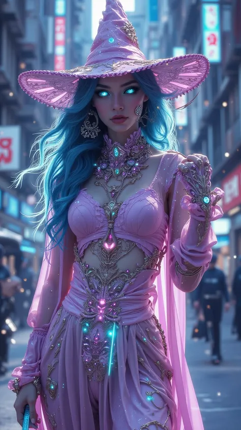  Capture the essence of a human witch ， in a bustling city center ， in brightly colored pastel tones 、 Exquisite metallic details and surreal geometric patterns。Embued with mystery ， with sparkling indigo eyes and flowing hair 。