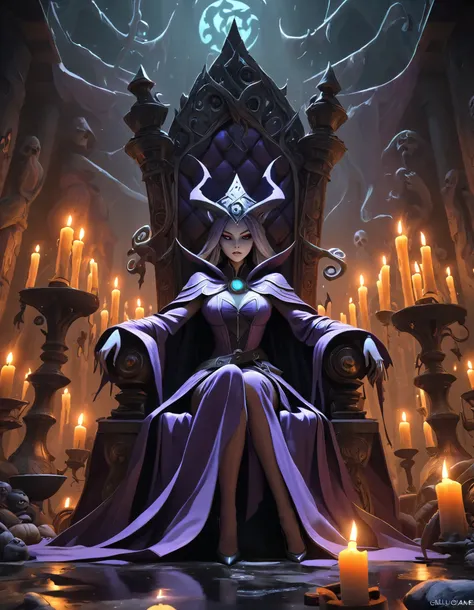 The image is a mystical illustration in the GhostlyStyle of 3DGame art, depicting the Witch Queen sitting upon her throne as she pours a cauldron of ghostly acid onto the floor, surrounded by eerie, glowing candles and mysterious artifacts. Her dark magic ...