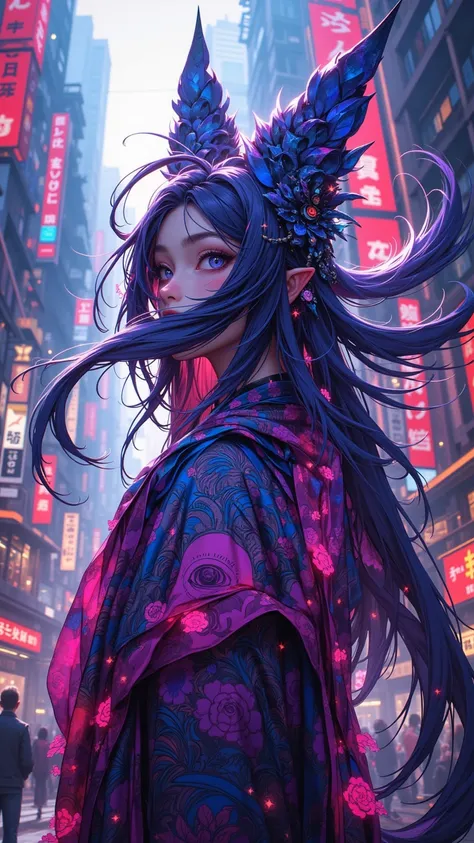  Capture the essence of a human witch ， in a bustling city center ， in brightly colored pastel tones 、 Exquisite metallic details and surreal geometric patterns。Embued with mystery ， with sparkling indigo eyes and flowing hair 。