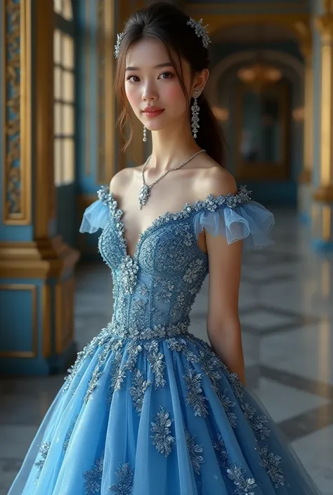 Young fine lady wearing a blue glittered gown 