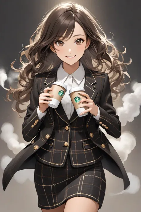 A semi-realistic portrait of a stylish young woman with long, dark brown wavy hair. She has a slightly tanned complexion and smiles warmly and cheerfully. She is dressed in a classic black Chanel tweed suit, featuring a short jacket with gold buttons and a...