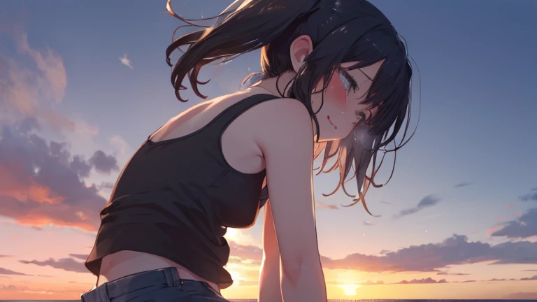 side,  profile,  profile - 美しい少女,  medium black hair holding an iPad to my chest, twin tails on legs,  Down Her Back .  natural lips .  Wearing a White Tank Top.  Blue Ripped Jeans .  she's crying,  tears falling down  from eyes - by the sea,  The Sun Is S...