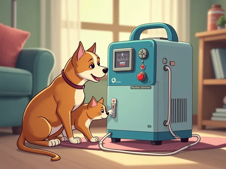 cat and dog are playing with yobekan oxygen concentrator