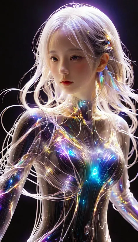 bail_ particle,bail_Wire,光Wire,光 particle,A girl made of  particle,The density of Wire at the finger part is high,(White hair:0.3),