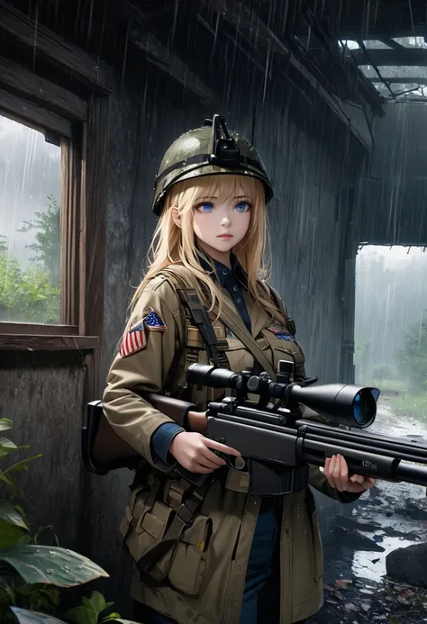  high quality、  high image quality、   highdefinition images 、8K Full HD、   illustration 、 wallpaper、 (A girl in a realistic modern American military uniform、 blond hair、  blue eyes):1.3、 realistic sniper rifle 、camouflage helmet  、Small Hill、  it's raining...