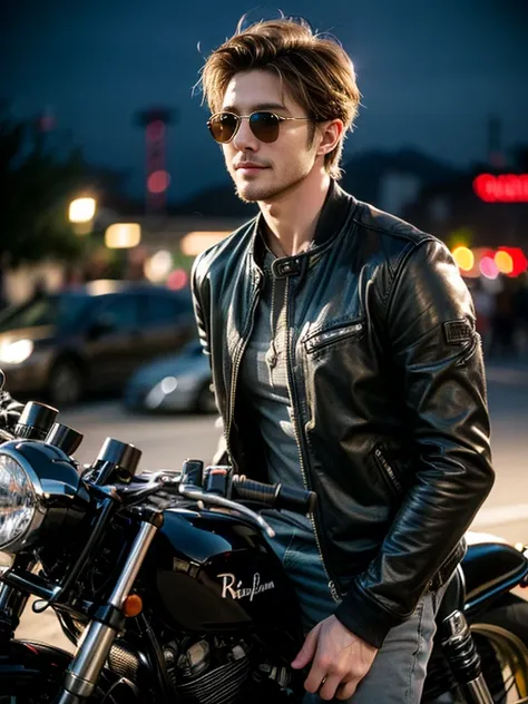 A good looking man with short gray hair, wearing RayBan Aviator Sunglasses, on a beautiful black motorcycle, a captivating smile, like in a dark American romance novel, white guy with blue eyes and blond a little muscular, bokeh, accurate, anatomically cor...