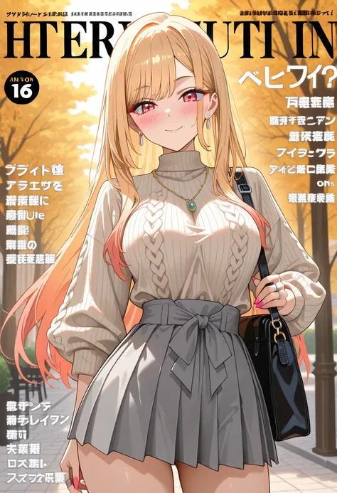 Marin Kitagawa, casually rising from her seat at a café, adjusting her purse strap with one hand while lightly touching the pendant on her necklace, looking down at her bag, long sleek blonde hair softly framing her face, light pink ombre hair, red eyes, e...