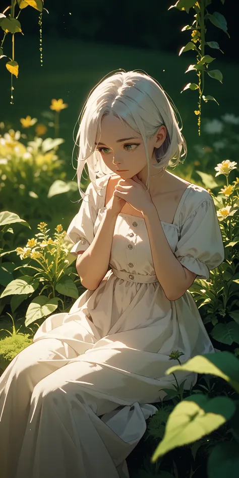 ( Masterpiece,  top quality),A girl with long white hair is sitting in a field of green plants and flowers,  Her Hands Under Her Chin ,  warm color lighting, white dress,  blurry foreground 