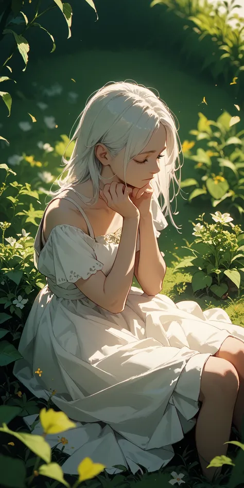 ( Masterpiece,  top quality),A girl with long white hair is sitting in a field of green plants and flowers,  Her Hands Under Her Chin ,  warm color lighting, white dress,  blurry foreground 