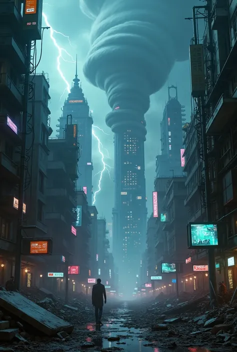  destroyed cyberpunk world　Dystopia　Neon Glittering Streetscapes 　 Huge Cyclones and Lots of Lightning in the Sky　 high image quality　8k Quality