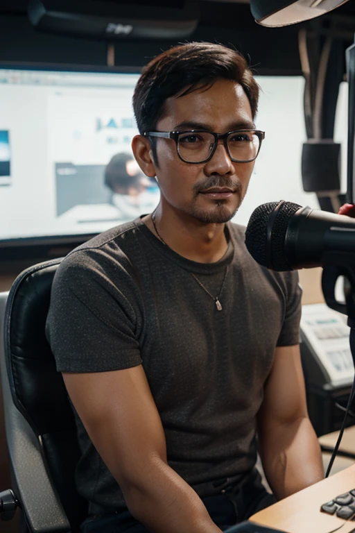 3D animation of Indonesian man 40 years old short hair with short hair wearing glasses working in front of camera wearing mic in broadcasting studio