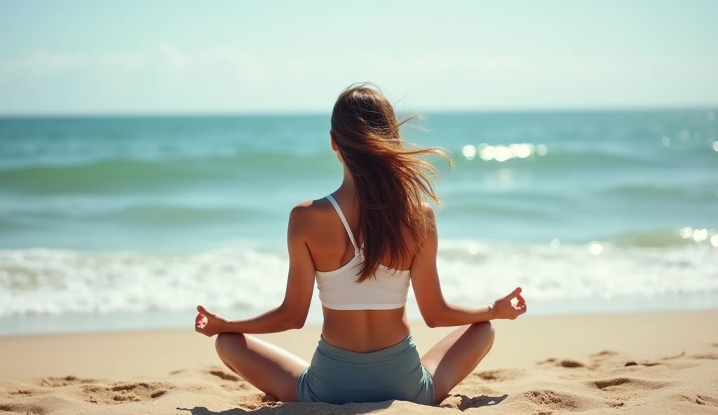 A woman sitting in the lotus position on the beach sand , facing the ocean,  with their eyes closed and their hands resting on their knees.  The wind gently blows her hair as the waves break in the background.