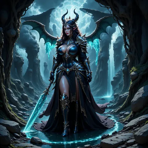 - Beautiful "Russian" woman, Devil Horns on her head, Black Lips.

- Wearing a costume ("Full Sexy Armor"), a costume that embodies the "Devil" Form, (Chest and Thigh Armor are open). The armor emits a dark aura.
Wearing a long robe and a black hood, dull ...