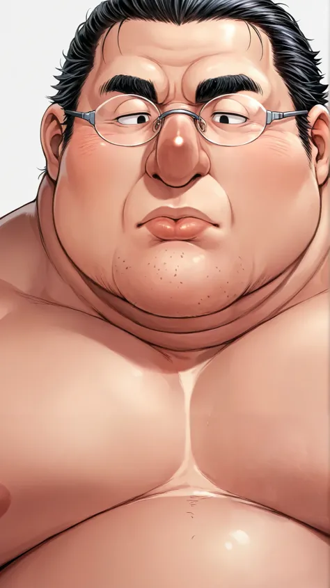 obese fat man,solo ,rimless glasses,black slicked back hair,cleft chin,japanese , narrow eyes, thick lips,naked,long nose,from front