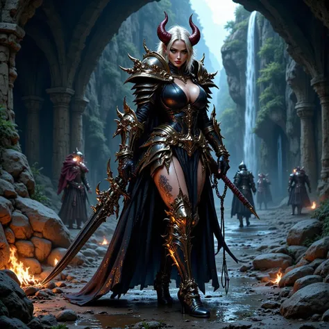 - Beautiful "Russian" woman, Devil Horns on her head, Black Lips.

- Wearing a costume ("Full Sexy Armor"), a costume that embodies the "Devil" Form, (Chest and Thigh Armor are open). The armor emits a dark aura.
Wearing a long robe and a black hood, dull ...