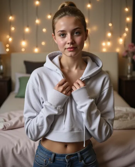 Watch chest image up to shoulder, Is a sixteen-year-old girl wearing a hoodie with a hood on her head ,  light blond hair, Ponytail, with blue eyes, from Russia, wide buttocks and wide thighs, matte skin