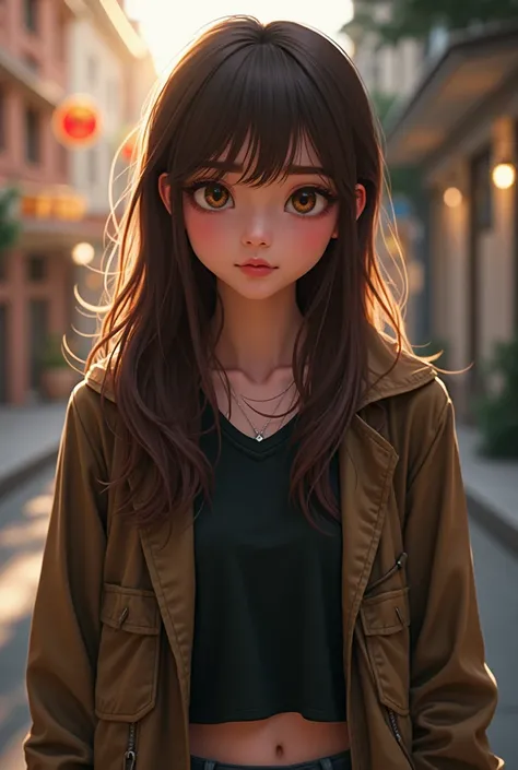  A cool band member is looking down at me. My senior is a high school girl and has long straight brown hair . The picture looks like an animation but is realistic.