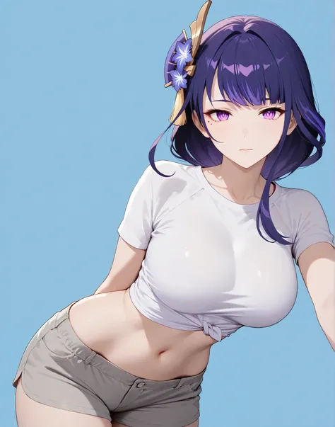 masterpiece, extremely detailed,4k,1girl, solo, raiden shogun,butterfly hair ornament, purple eyes, multicolored hair, short hair,slim body, sexy legs,perfect body,perfect skin texture,large breasts,housewife,grey short pants,white tshirt, soft light, high...