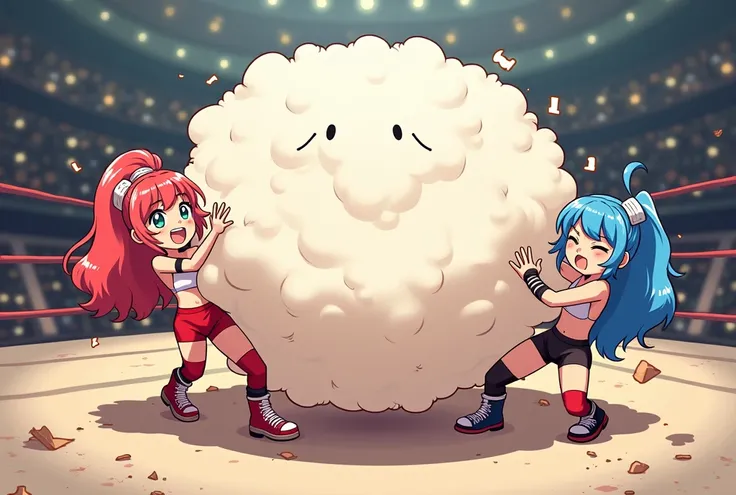 An anime-style illustration depicting many wrestler-girls playfully wrestling with each other inside a arena comical fight cloud.
each wrestler-girl has different colored hair.
their faces,hands,and feet are visible emerging from the cloud as they tussle h...