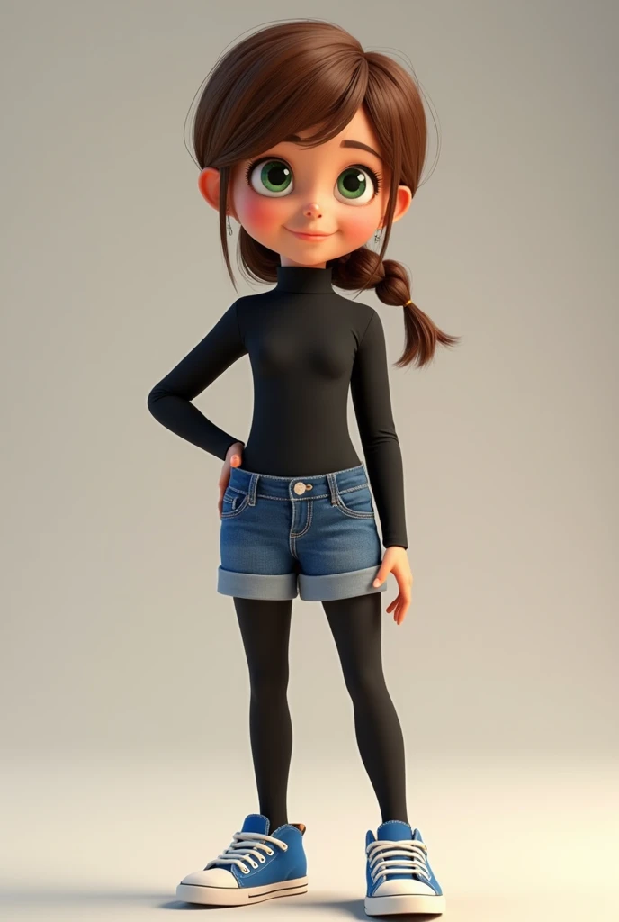 A girl with brown hair and green eyes that are braided in a ponytail , dressed alone in a black turtleneck short blue denim shorts black tights and blue sneakers all in the style of the animated series Ladybug and Super Cat 3D 