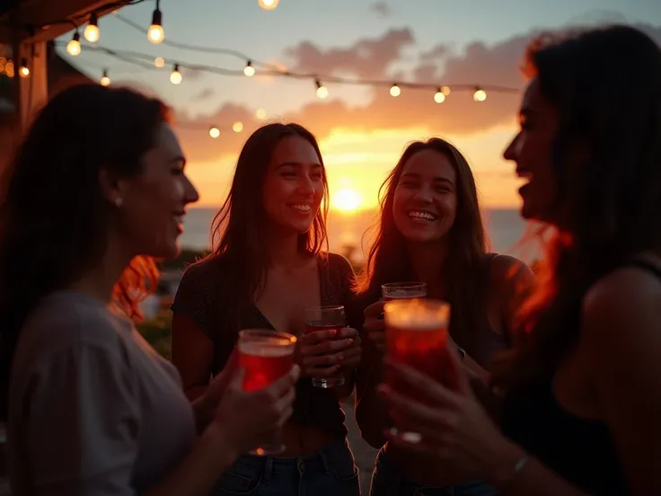 A group of young Peruvian friends standing together outdoors at sunset, just before nightfall. They are casually chatting and laughing, holding drinks, and enjoying the warm evening. The ambient light blends the deep orange and blue hues of the sunset with...