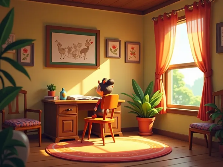 One room, Window on the right, Warmth , Desk in front of the window, Disney style