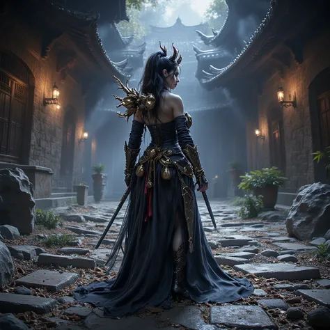 - Beautiful "Russian" woman, Devil Horns on her head, Black Lips.

- Wearing a costume ("Full Sexy Armor"), a costume that embodies the "Devil" Form, (Chest and Thigh Armor is open). The armor emits a dark aura.
Wearing a black hood, dull and full of tears...