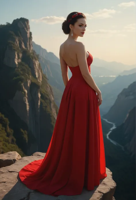 Create this dramatic impasto artwork with a touch of abstract expressionism: a woman with a symmetrical beautiful face, ebony skin, wearing a vibrant, flowing red dress standing on a perilous-looking cliff edge. The dress has dramatic ruching and draping t...