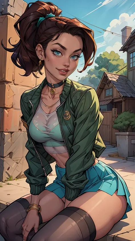 (masterpiece, best quality, 4k, aesthetic, detailed, intricate),outside,sunlight,sitting, sportkhth, thighhighs,1girl, frankiefoster,ponytail, choker, hairclip, hair ornament, shirt, green jacket, piercing, midriff, skirt,grin,thick thighs, (seethrough)