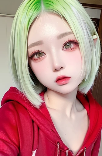 Yellow-green silver hair 、 unique makeup(red eyeshadow )、 18 year old girl 、 in the ear、 straight hair、 short hair、Hair length shorter than shoulders 、oversized hoodie