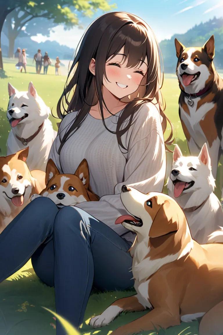  「A Japanese woman sitting on a grassy field, surrounded by several playful and affectionate dogs. She is wearing a relaxed, casual outfit, such as a light sweater and comfortable jeans, with her hair flowing gently in the breeze. The dogs, of various size...