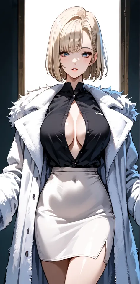 ,20s, beautiful face, bob cut, Slender Woman, big breasts, thin waist,((Long fur coat)),  black shirt ,   pencil skirt ,  big breasts, ( shirts that wear white coats open on the front 、 open from chest to stomach to reveal skin),(( open shirt)),(( open)), ...