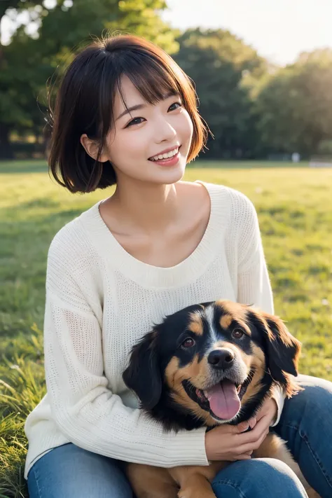  「A Japanese woman sitting on a grassy field, surrounded by several playful and affectionate dogs. She is wearing a relaxed, casual outfit, such as a light sweater and comfortable jeans, with her hair flowing gently in the breeze. The dogs, of various size...