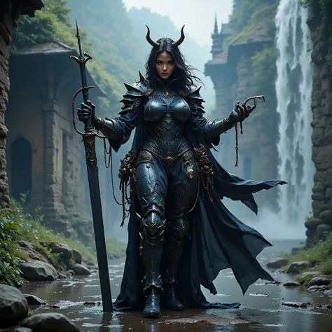 - Beautiful "Russian" woman, Devil Horns on her head, Black Lips, facing the camera.

- Wearing a costume ("Full Sexy Armor"), a costume that embodies the "Devil" Form, (Chest and Thigh Armor is open). The armor emits a dark aura.
Wearing a black hood, dul...