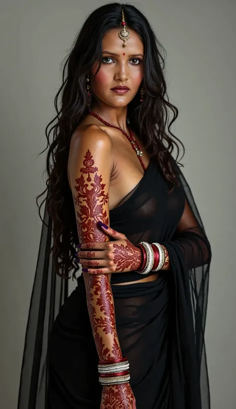 beautiful indian newly wedd woman, drapped in black dupatta and churidaar salwar,her body is seen through dupatta, wet long hair,standing pose,full body pose, plenty of dark red and white bangles, henna on both arms, heavy maang tikka on forehead, sedcutiv...