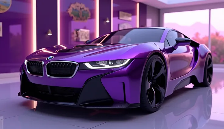 Create a 3d render said ) review car design 2025 Bmwi4M50( purple ) colour purple a “( Logo  ) ” logo on . “( Logo )  on its   end look. and Headlights“in pure glossy purple with ultra detailed glossy shining image captured from   review showroom car captu...