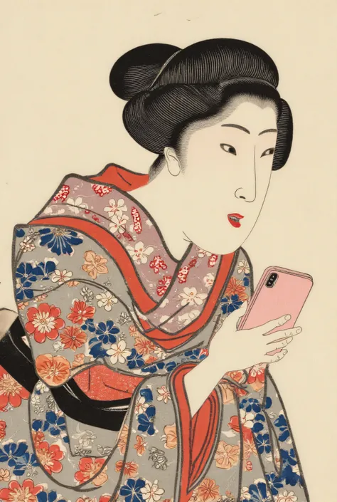 Ukiyo-e style, A maiko in a flashy kimono is looking at me with a pink iPhone, Geisha, Ukiyoe on Japanese paper , Mixed style of Sumi-e and Ukiyo-e , Contrast between details and blurring , Kimono, ArsMJStyle, Zen Ink Wash Sumi-e, tsukioka1 Japanese woodbl...