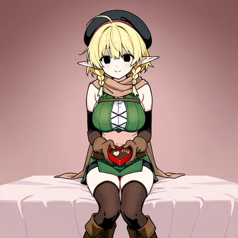 1girl,elf,short hair,twin braids,blonde,slender,ahoge,empty eyes,black eyes,large breasts,tall,brown gloves,black elbow gloves,black thighhighs,mini black beret,brown scarf,dark green mini crop top,sleeveless,dark green mini skirt,brown knee boots,presenti...